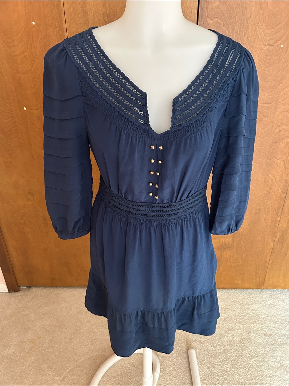 Women's Navy Blue Peasant Tunic Dress with Crochet Trim